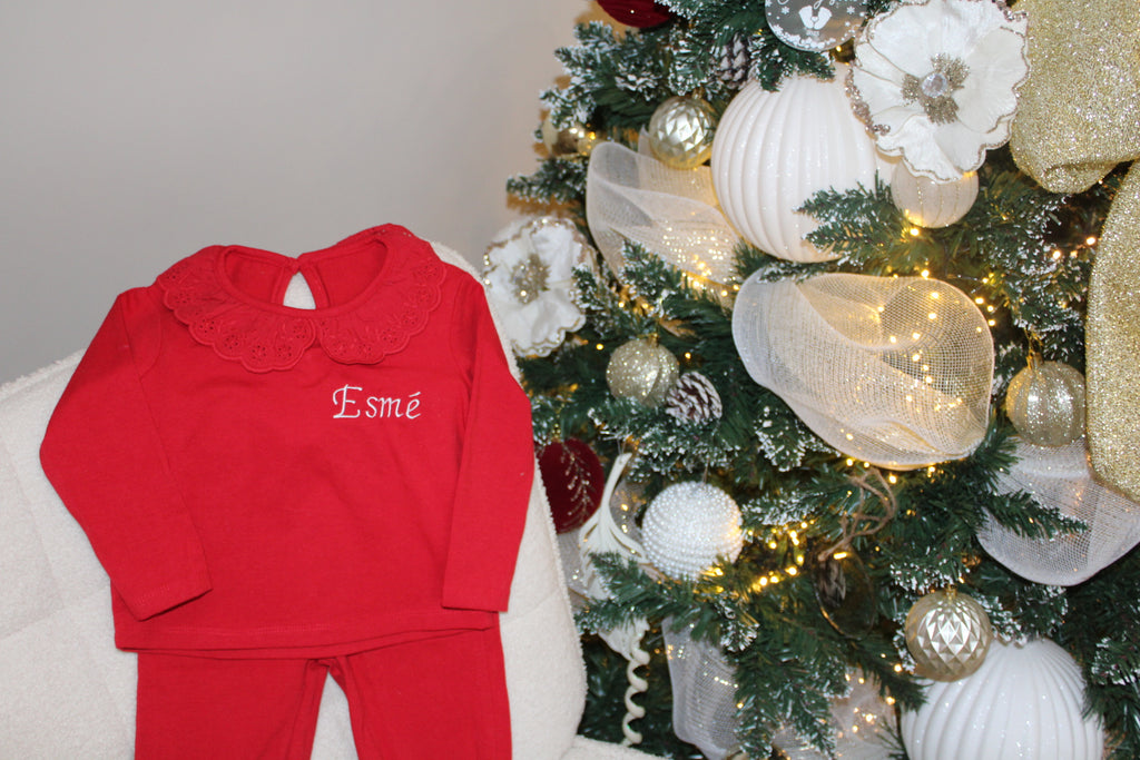Long Sleeve Frilled Pyjama Set in Red
